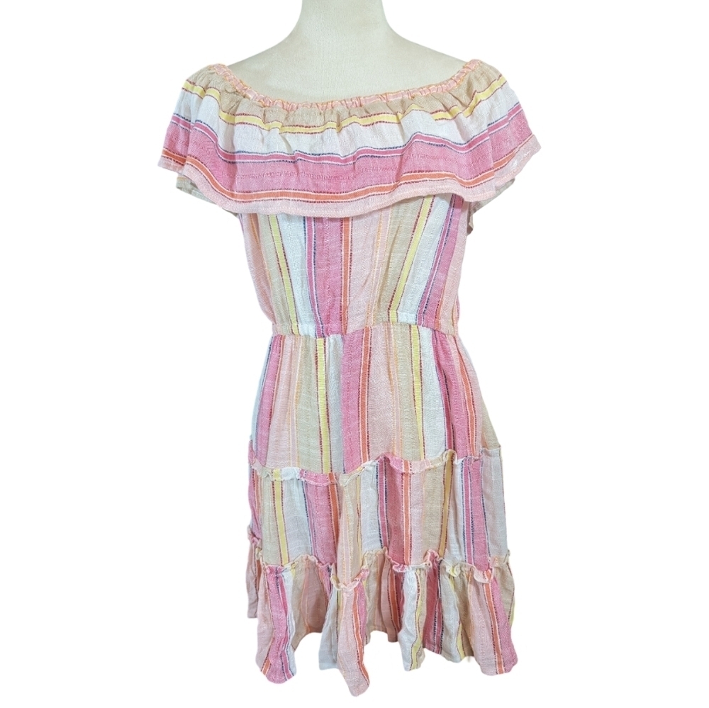 Blue Island Multi Directional Stripe Off the Shoulder Midi Ruffled Sundress